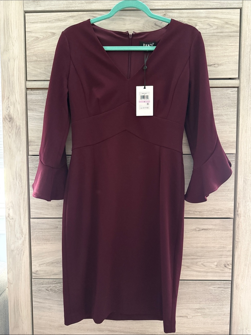 NWT - DKNY Burgundy V-Neck Long Sleeve Sheath Dress with Fluted Cuffs